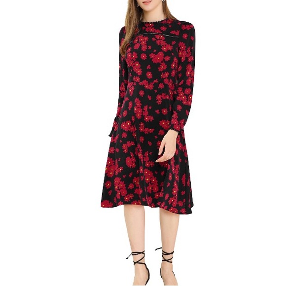 NWT Allegra K Vibrant Floral Modest Dress Navy Red Small - Picture 3 of 13
